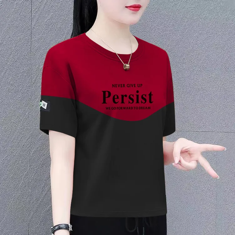 纯棉大码圆领拼接短袖T恤女夏季新款宽松显瘦休闲百搭洋气上衣潮