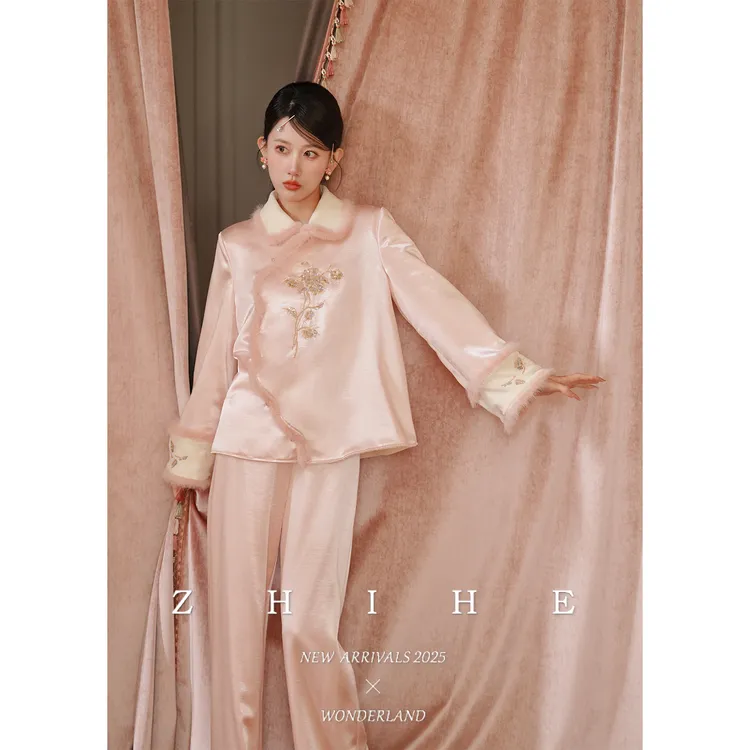 无艳一禾【梦里花】原创新中式缎面绣花内里加绒睡衣外套+缎面裤