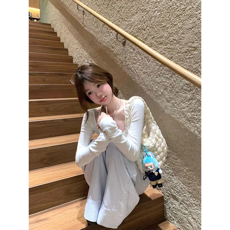 美式U领长袖t恤防晒罩衫薄款修身打底上衣蓝色竖条纹阔腿休闲裤女