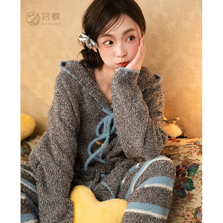 宫蝶【蓄热型】甜心企鹅秋冬季半边绒睡衣女加厚保暖软绵绵家居服