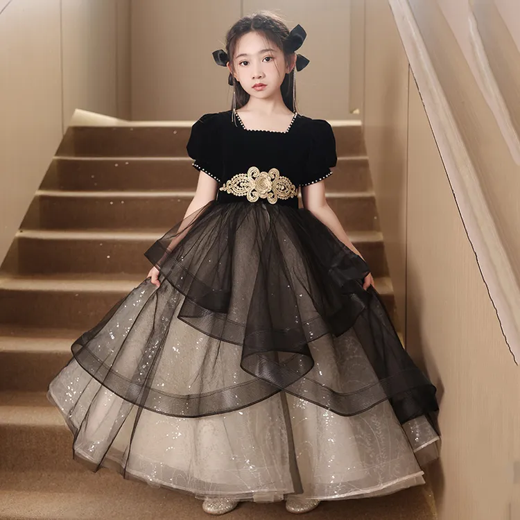 儿童礼服公主裙女童晚礼服轻奢小众高端黑色主持人钢琴演奏演出服