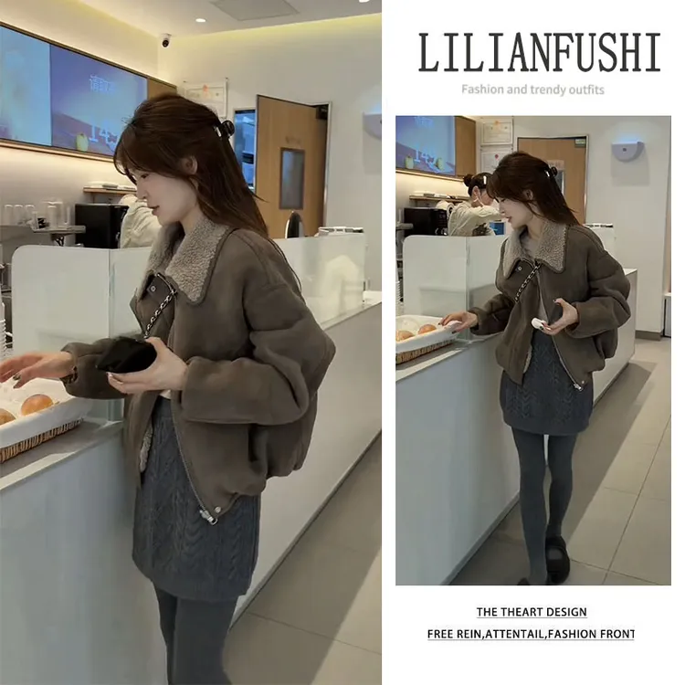 时尚穿搭女2025秋冬新款百搭宽松翻领长袖外套显瘦针织短裙两件套