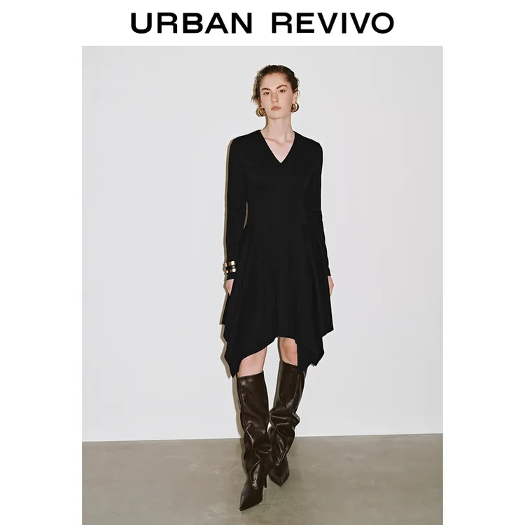 UR2025秋季新款女装简约气质V领不规则A字连衣裙UWG750234+