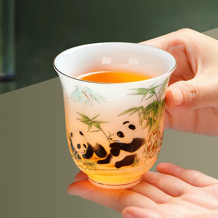 冰种璞玉瓷熊猫泡茶杯主人杯陶瓷茶杯专用品茗杯功夫茶具礼盒装