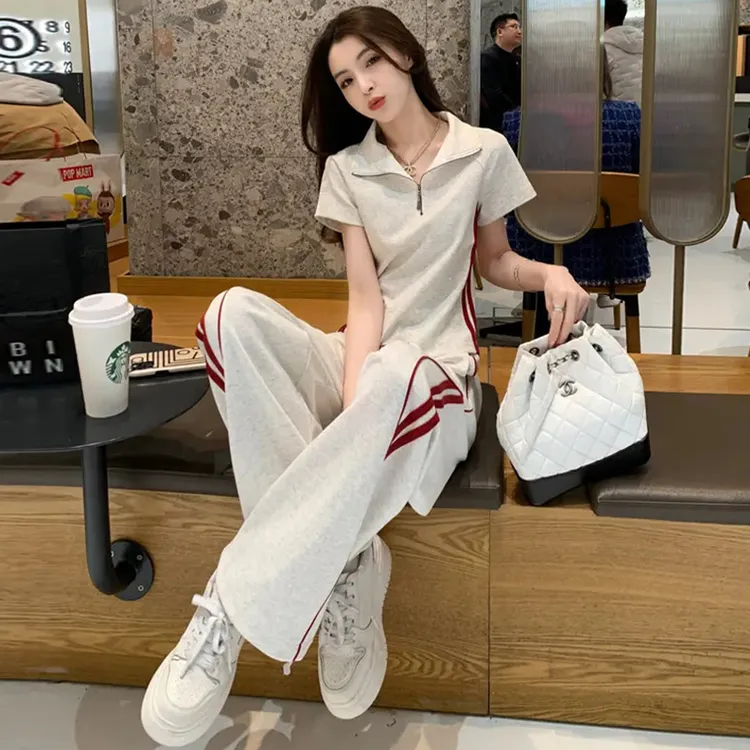 高含棉运动服套装女2026年夏季新款撞色宽松显瘦上衣阔腿裤两件套