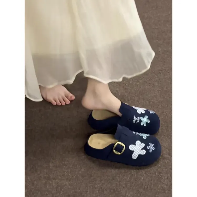 羊皮版!法式复古风时尚百搭包头半拖鞋女外穿休闲厚底勃肯鞋