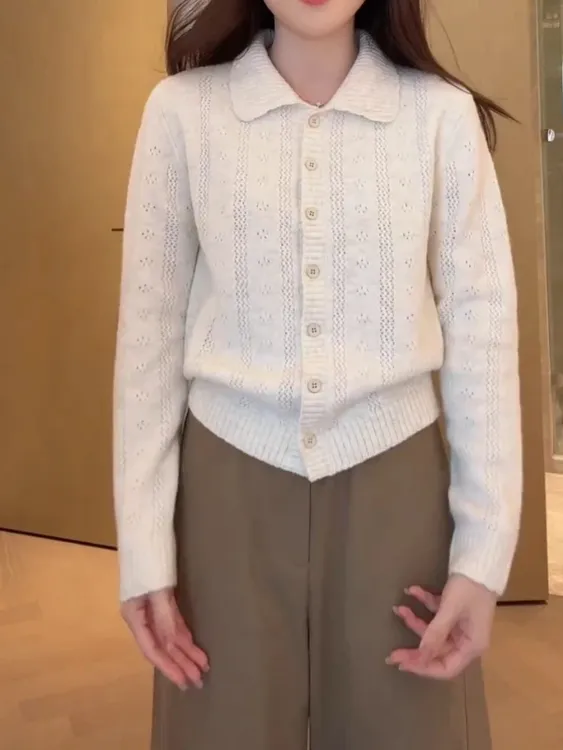 法式韩版百搭温柔风翻领单排扣提花针织衫开衫女好看上衣K2-19