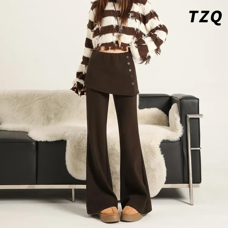 韩系设计感假两件屁帘加绒高腰休闲裤女冬季微喇叭裤TZQ25112225