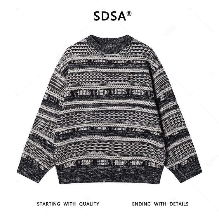 SDSA男士秋冬新款痞帅男装韩版撞色条纹圆领针织衫时尚慵懒风毛衣