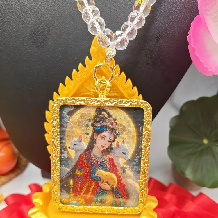 新款唐卡九尾狐娘娘纯手工洒金描金彩金狐狸吊坠嘎乌壳项链可定制