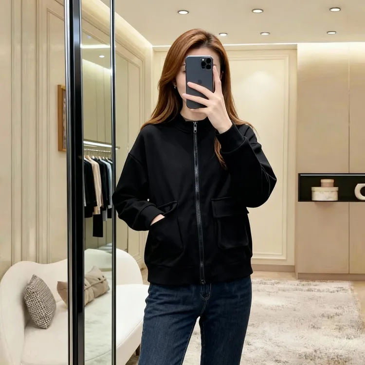 长袖外套女士秋冬新款双口袋拉链开衫棒球服气质时尚宽松百搭上衣