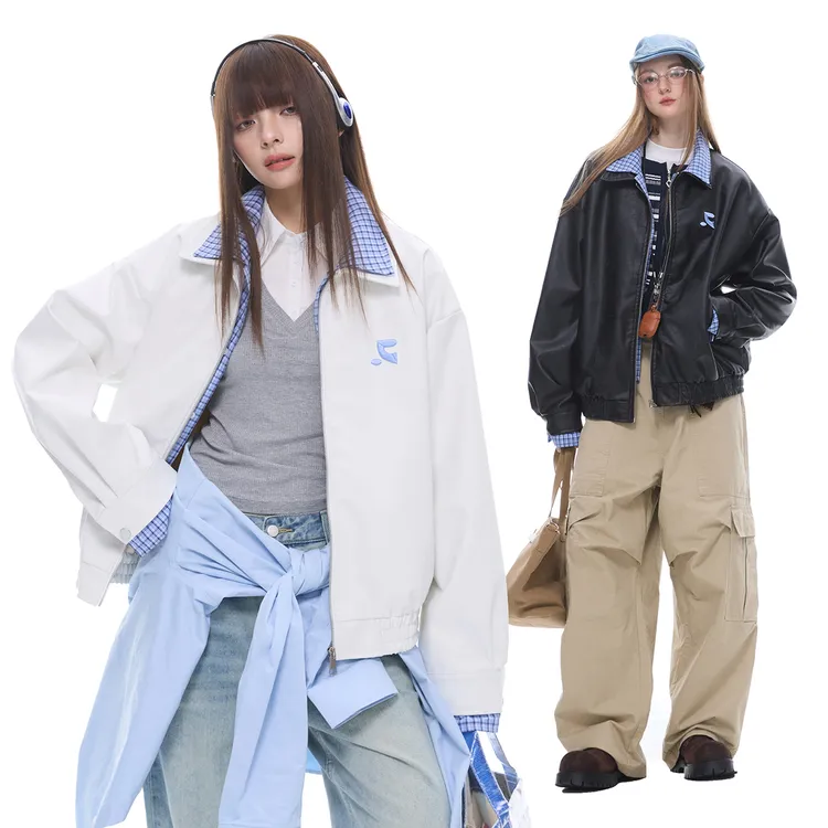 ZEXO 美式复古假两件拼接格纹翻领刺绣图标休闲夹克外套ZE2530