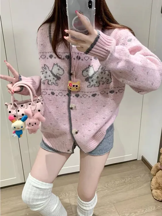 粉色毛衣女士秋冬季费尔岛复古高级感穿搭费尔岛提花针织开衫外套