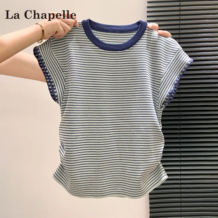 拉夏贝尔条纹圆领小飞袖t恤女夏季2025新款韩系纯欲慵懒风女装
