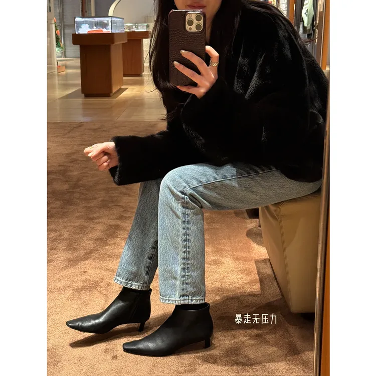 KEEP KAPU靠谱【小跟靴】row系列高端奢感羊皮裸靴短靴KP253790