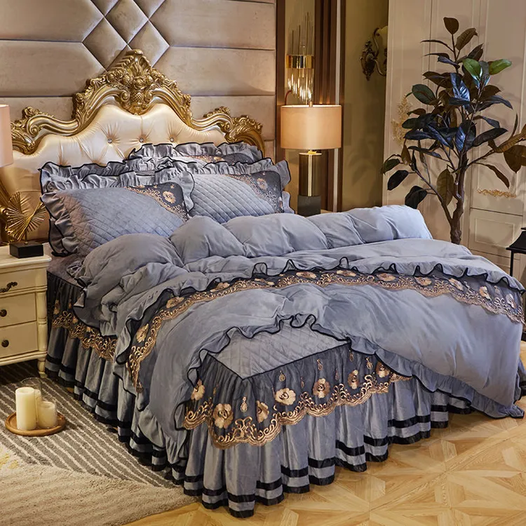 高级感水晶绒保暖床裙四件套加厚夹棉新款床罩短毛绒双人加绒被套