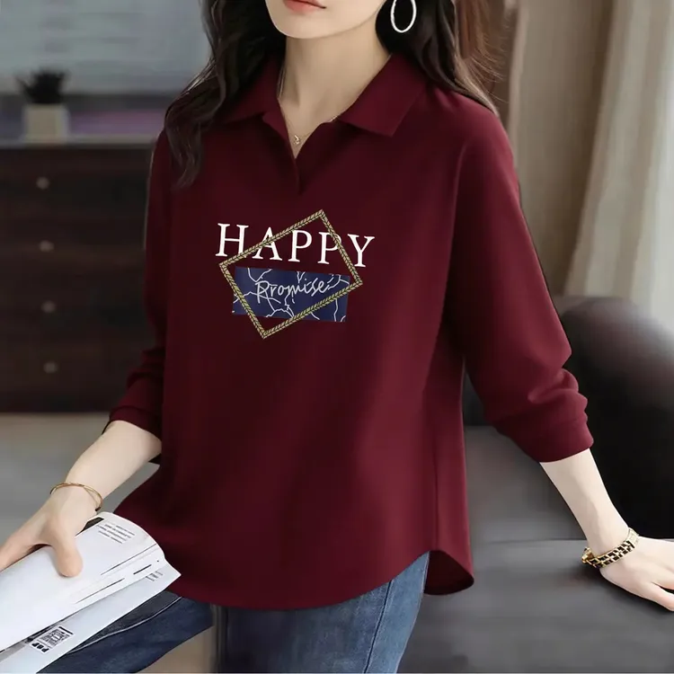 纯棉POLO衫女长袖秋季休闲大码宽松显瘦减龄弧形下摆翻领打底T恤