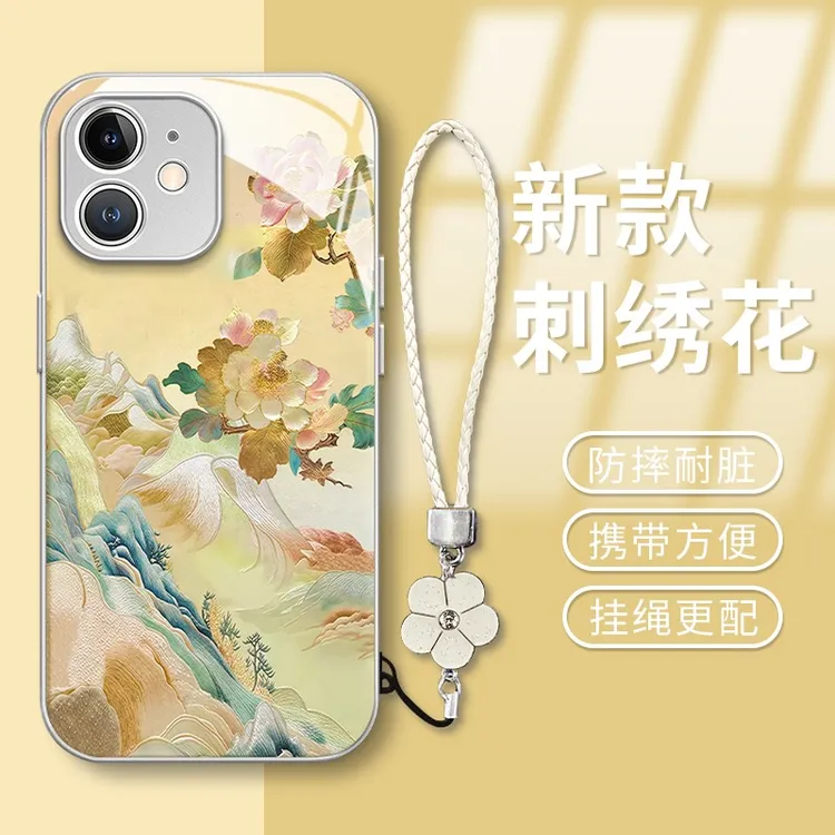 刺绣花金属漆玻璃壳适用苹果华为vivo女新款oppo小米高级感手机壳