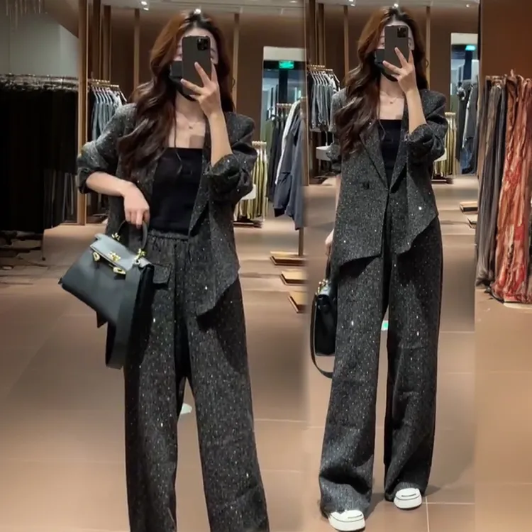 大码时尚套装女2025秋季胖mm洋气质星空亮钻西装外套阔腿裤两件套