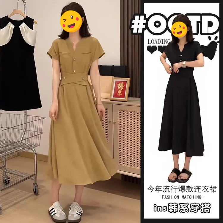 【高端】法式ins小众复古气质时尚显瘦收腰连衣裙女夏2025新款，黄色