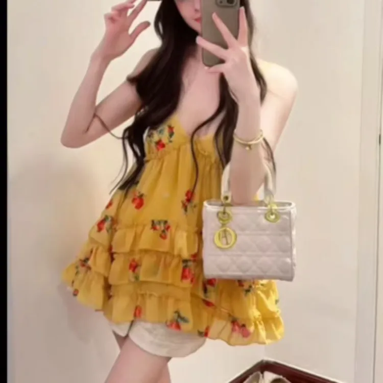 清053法式碎花雪纺吊带背心上衣