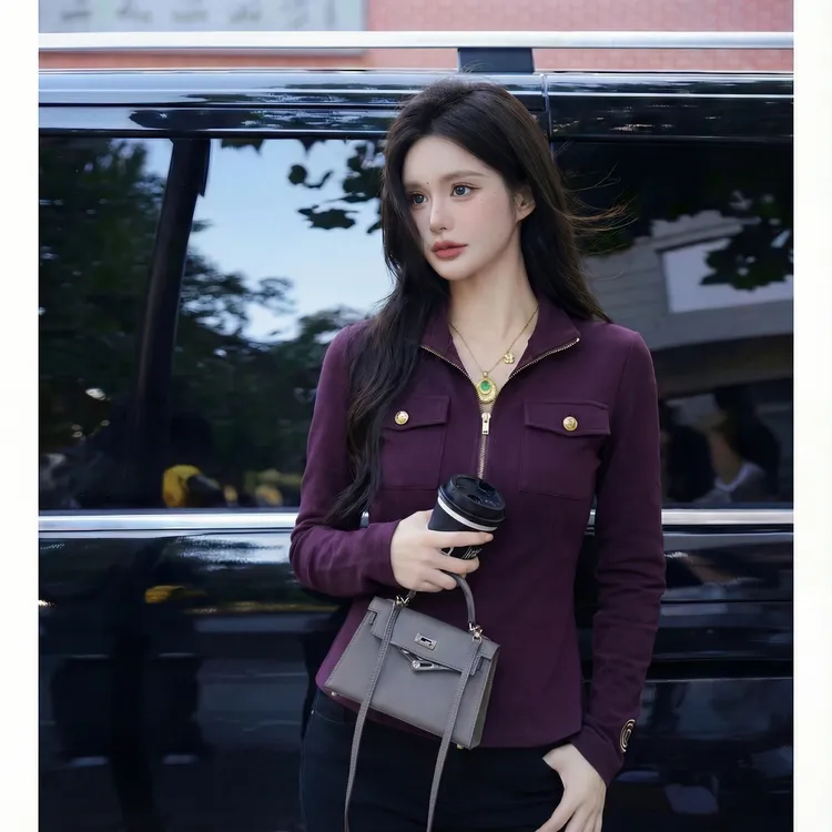 FANRUI/泛芮 「纽饰织章」拉链半高领洋气百搭修身打底卫衣女B19675