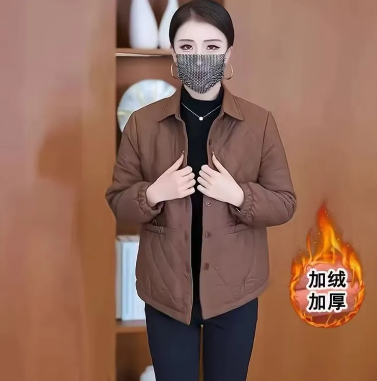 小个子加绒加厚棉服女菱形格保暖夹克上衣秋冬新款妈妈装别致外套