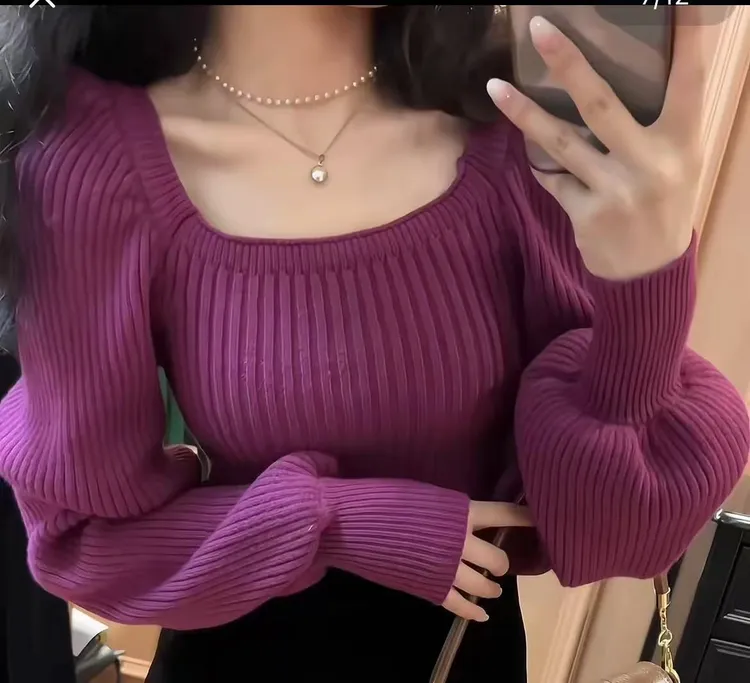 高级感好看毛衣女2025秋冬方领泡泡袖慵懒方领内搭打底针织上衣