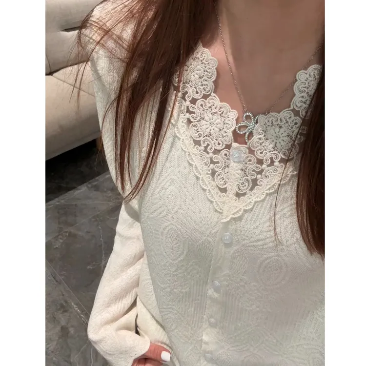 【蜜爷家】法式V领蕾丝花边针织衫