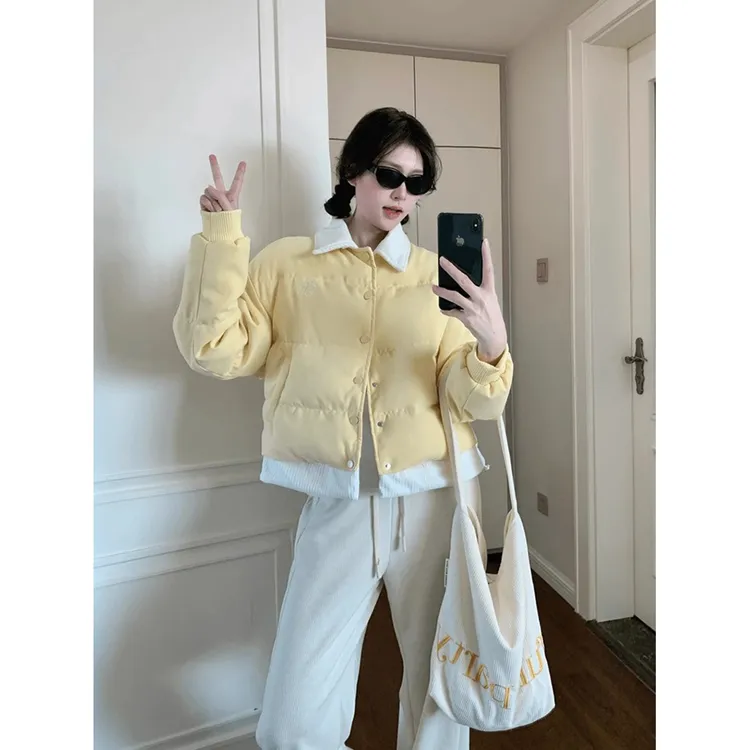 设计感小众棉服短款新款韩系奶黄色撞色假两件服女秋冬宽松服衣