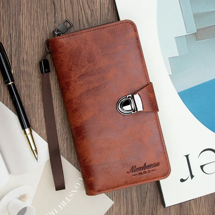 新款男士长款钱包欧美风拉链搭扣复古大容量多卡位零钱袋手拿包男