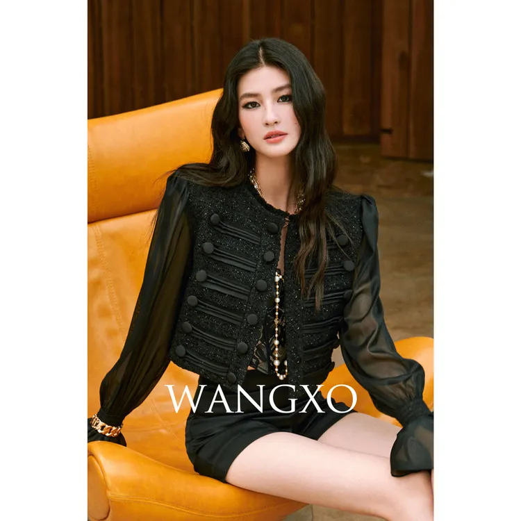 WANGXO  法式小香拼接雪纺短外套253677W