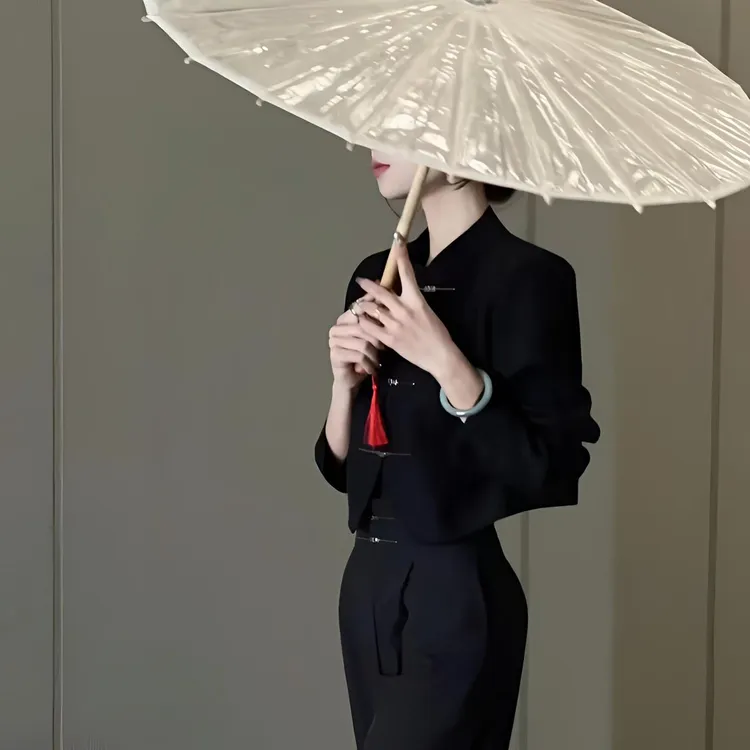 新中式气质时尚显瘦小西装上衣高腰阔腿拖地长裤国风设计师两件套