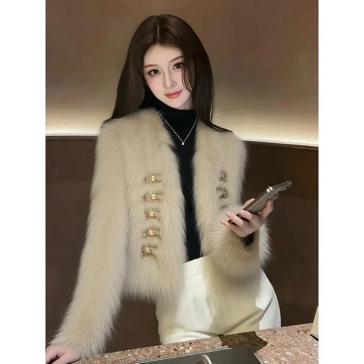 2025新款宽松慵懒风韩版独特漂亮名媛小香风卡其色毛毛外套女冬季