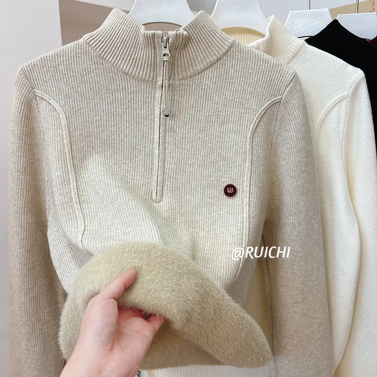 加绒加厚2025冬新款立领拉链洋气百搭套头保暖毛衣针织衫上衣女