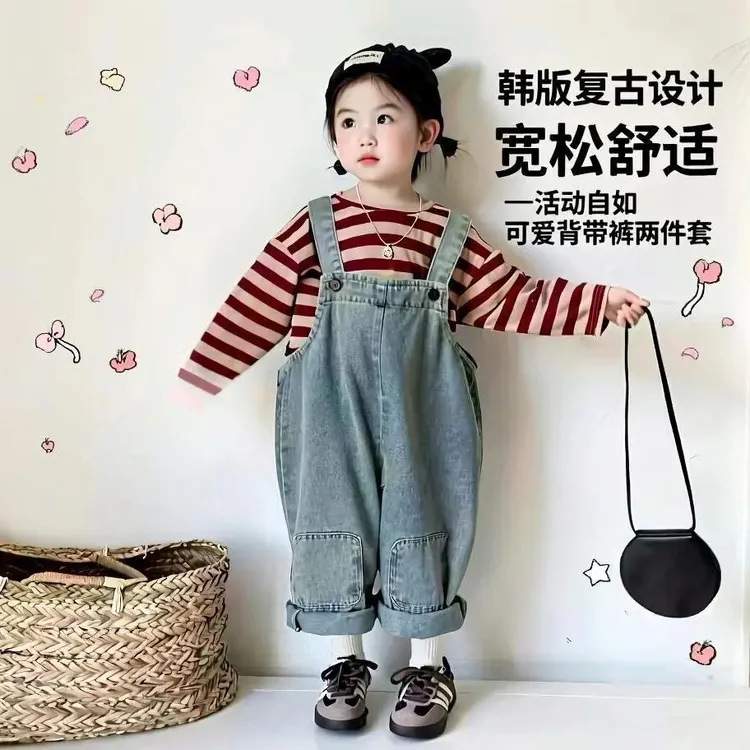 女童秋装牛仔背带裤女儿童复古2025中小童可爱宽松连体裤套装韩版