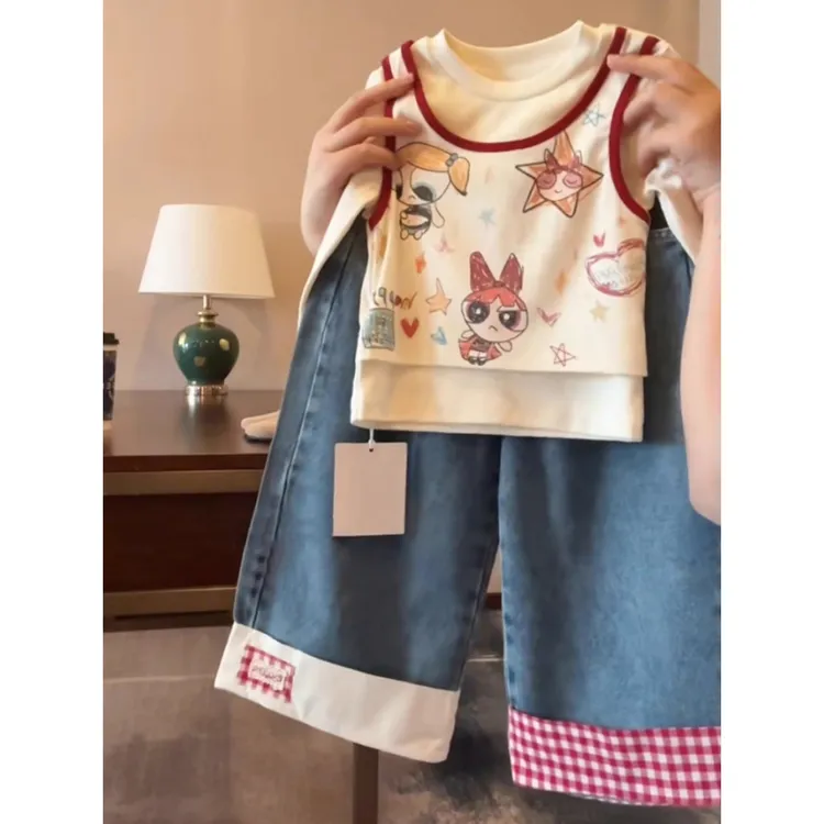 女童假两件长袖T恤春秋新款女孩时髦卡通上衣牛仔长裤两件套秋装