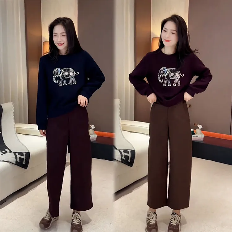 早秋新款设计感一整套时尚百搭长袖圆领卫衣女休闲阔腿裤两件套装