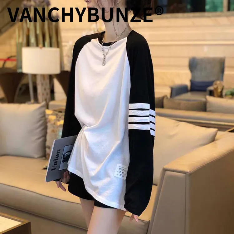 BUNZE长袖t恤女春秋冬打底衫2025新款宽松大版中长款插肩上衣加绒