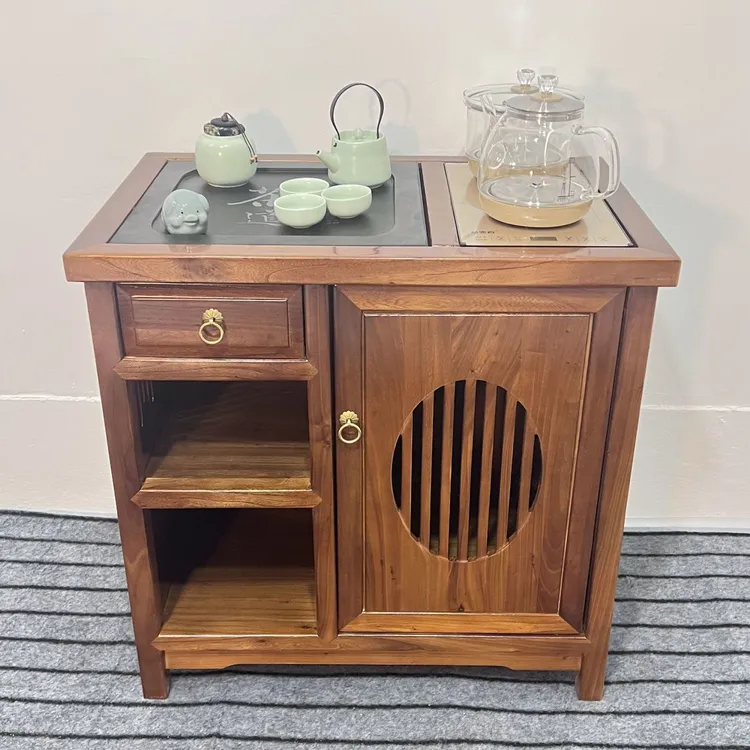 新中式实木多层茶水柜高端老榆木适用于客厅和茶室古典烧水柜带