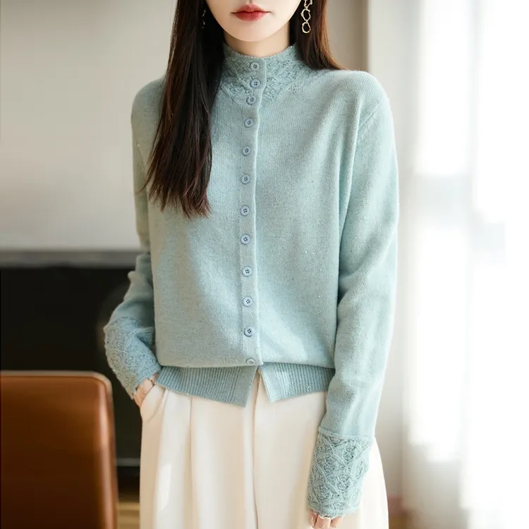 时尚品牌女装秋冬半高领亮丝纯色精纺针织衫开衫气质上衣洋气打底