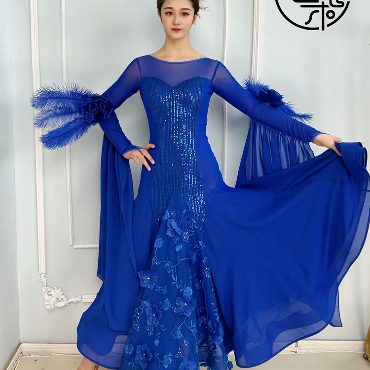 西朵舞服亮片大袖飘鸵鸟毛摩登舞专业比赛表演裙连衣裙新品XD690