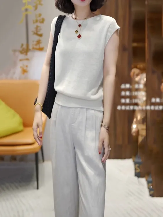 时尚洋气纯色裤套装女2025夏季新款慵懒风百搭圆领上衣+显瘦裤子