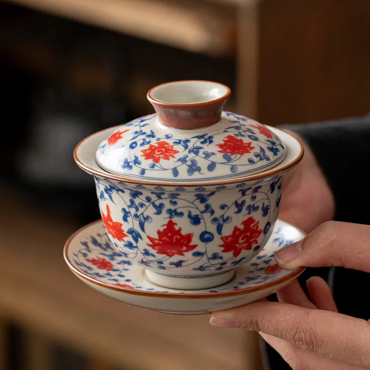 青花釉里红汝窑悬停旋转三才盖碗单个高档家用泡茶碗茶杯功夫茶具