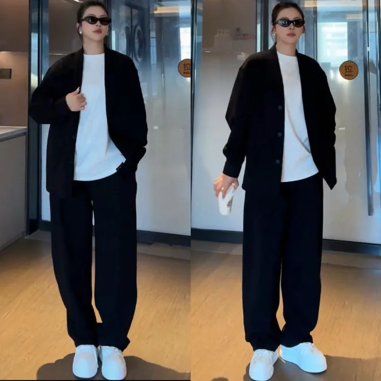 春秋新款慵懒风简约休闲运动套装男时尚百搭开衫外套阔腿裤两件套