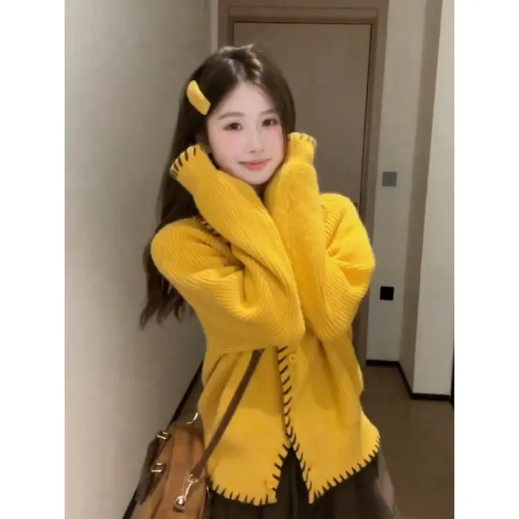 MARIE.COCO秋季韩系慵懒少女黄色针织长袖开衫休闲宽松抽绳阔腿裤