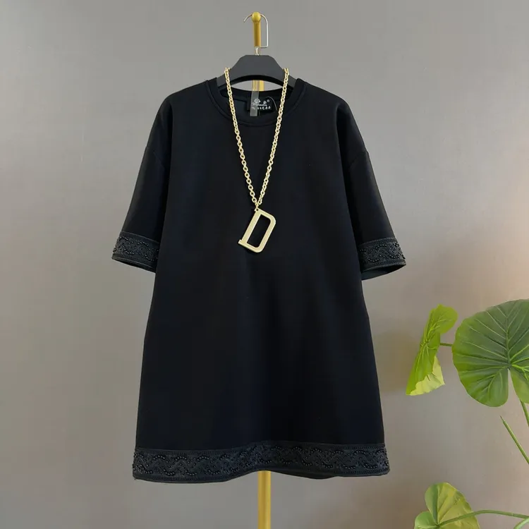 新中式民族风圆领工艺中长款宽松遮肉苹果型身材大码女装上衣半袖