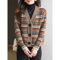 秋季v领条纹针织开衫女短款秋装2025新款外搭洋气毛衣外套秋冬款