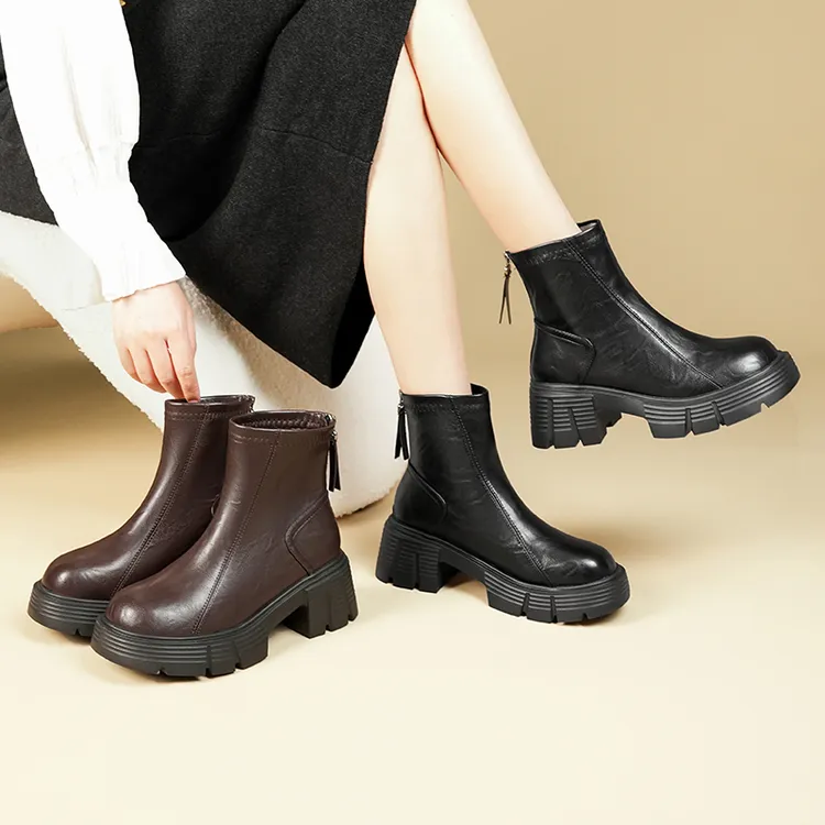小个子增高厚底短靴子女后拉链马丁靴高跟皮靴秋冬保暖加绒瘦瘦靴