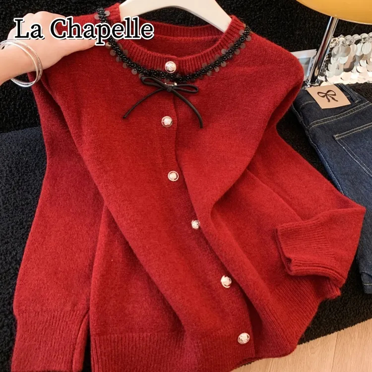 拉夏贝尔秋冬圆领小香风蝴蝶结亮片针织开衫洋气百搭宽松显瘦毛衣